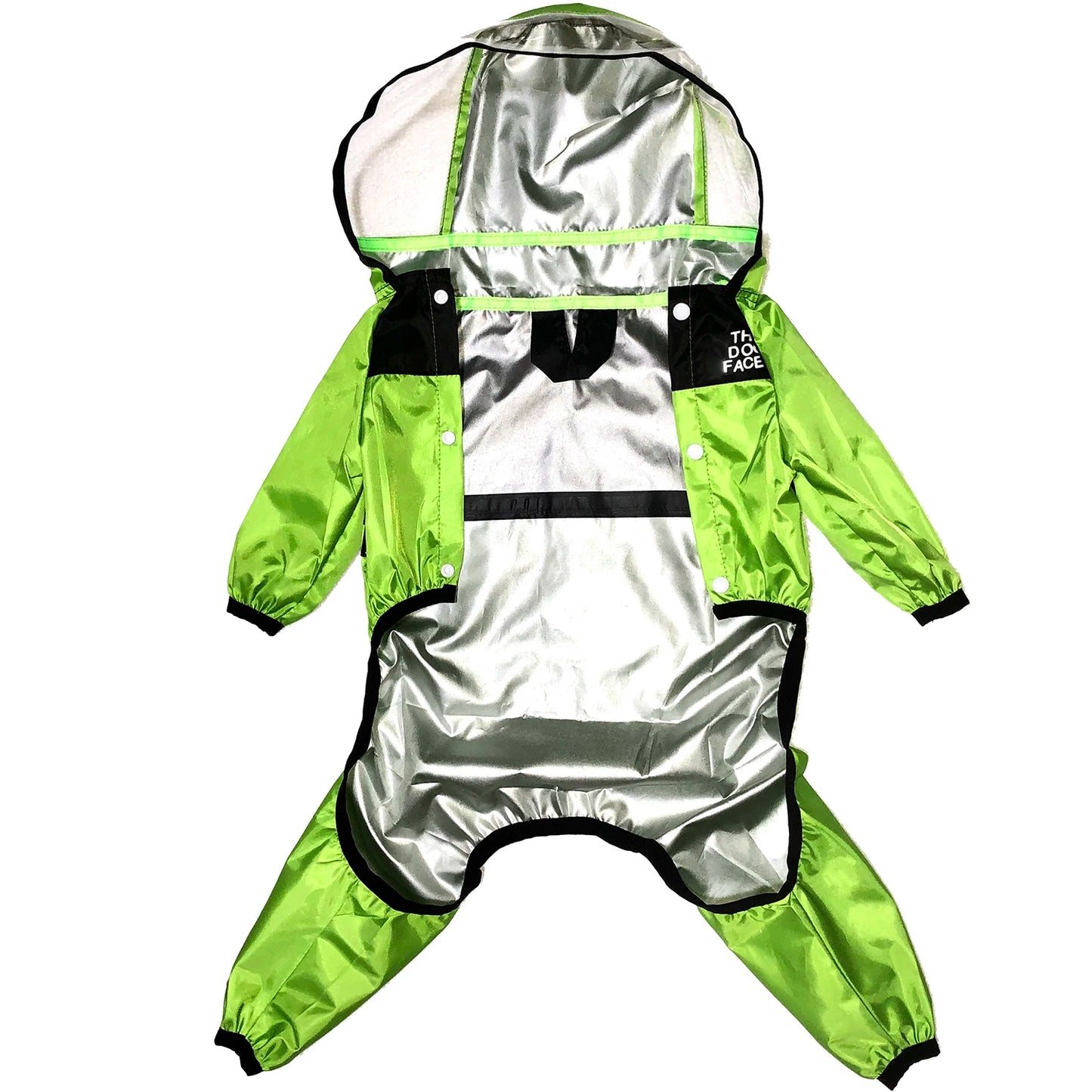 Lime green waterproof dog jumpsuit laid flat, showing the silver interior lining, four full-length sleeves, snap buttons, and a large transparent hood for full body rain protection