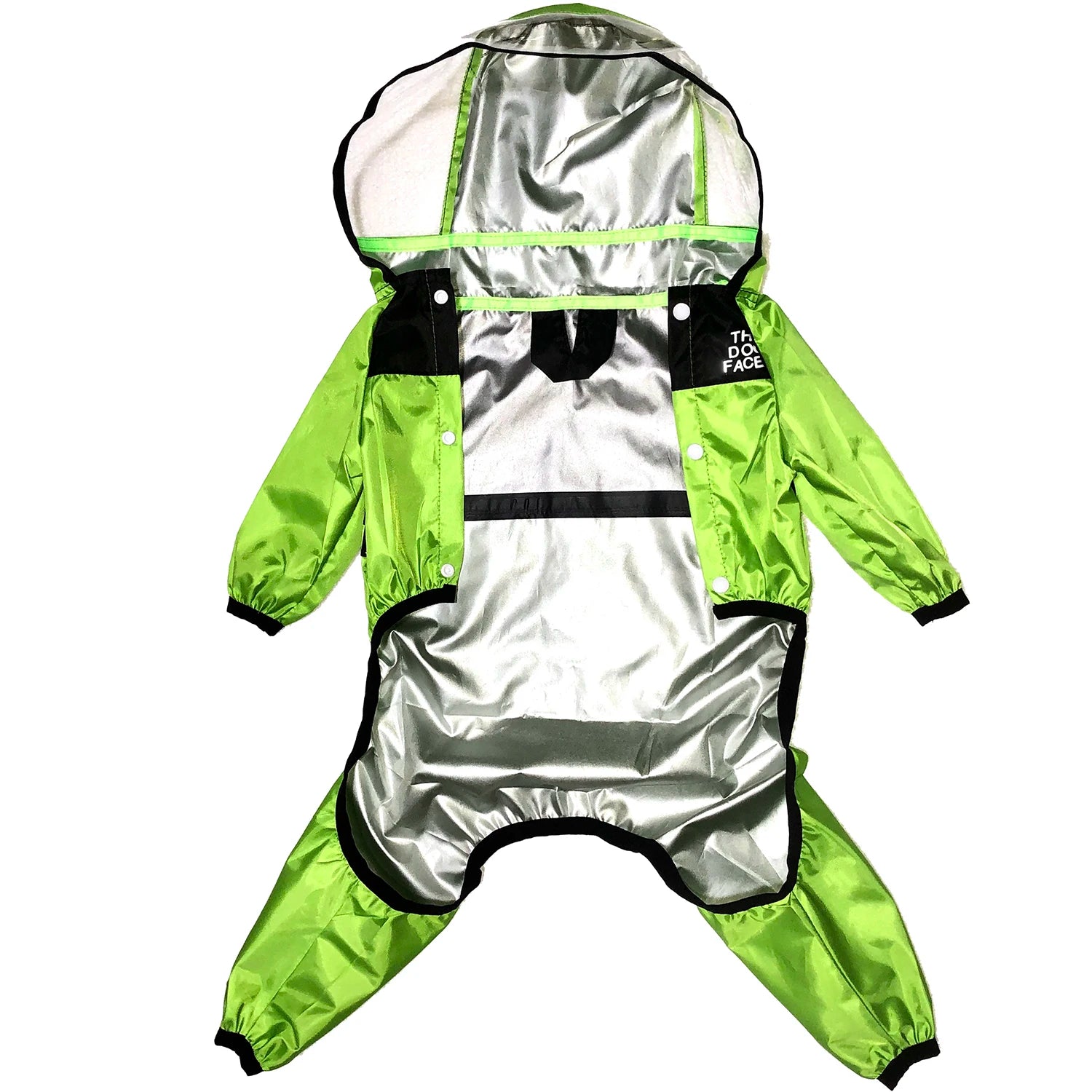 Lime green waterproof dog jumpsuit laid flat, showing the silver interior lining, four full-length sleeves, snap buttons, and a large transparent hood for full body rain protection