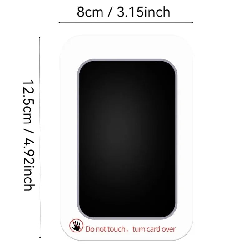 image of dimensions of black impression pad with measurements text reads: "width 8cm/3.15 inch Length 12.5cm/ 4.92inch" at bottom of card text reads: " do not touch turn card over" 