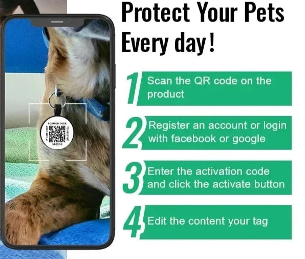 image shows a smart phone with an image of an animal wearing a smart QR code pet tag with instructions on how to use image reads in green boxes: " protect your pets every day 1) scan the QR code on the product 2) register an account or login with facebook or google 3) enter the activation code and click the activate button 4) edit the content of your tag "