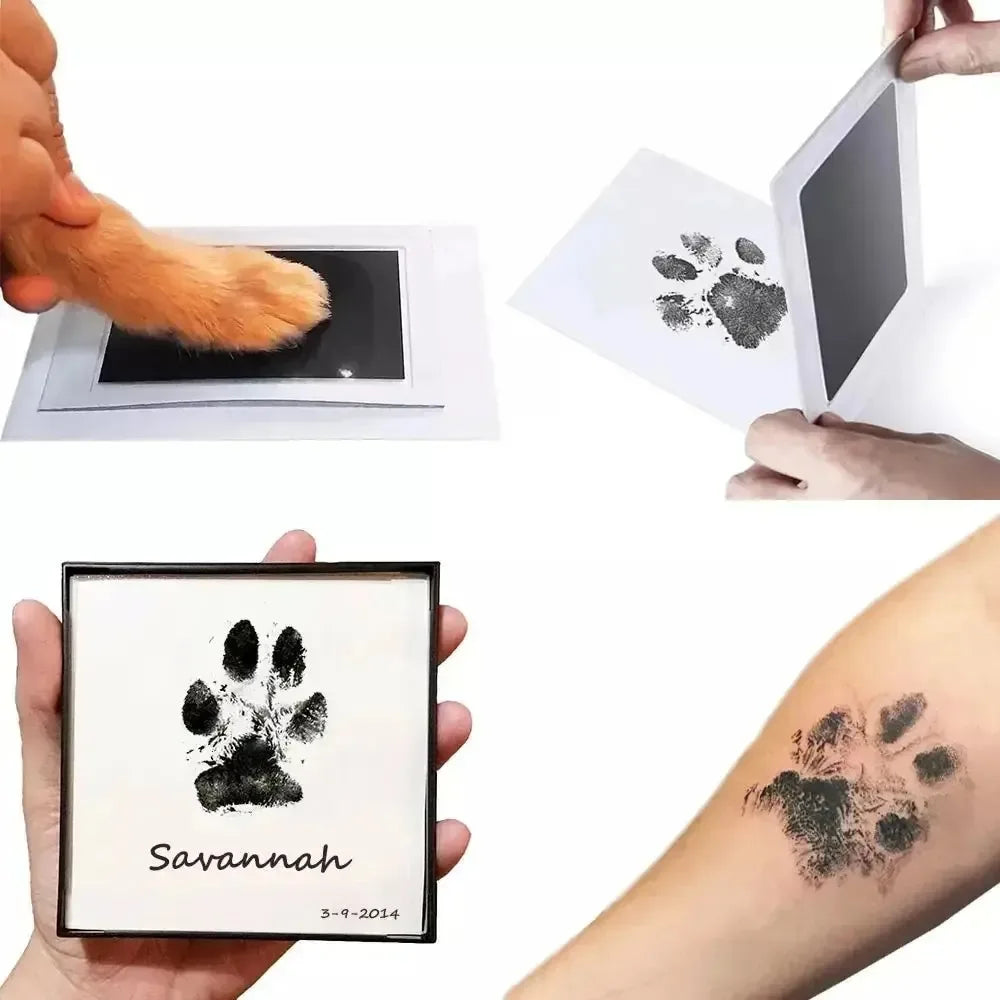 image depicting 4 different uses of the DIY inkpad, starting top left someone is imprinting a cats pawprint on the impression making kit top right image of pawprint impression once cats paw has been lifted, bottom left image of cats paw print in a black frame with the name savannah underneath, bottom right image of imprint tattooed on persons forearm 