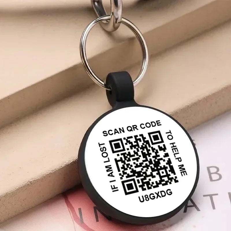 pet tag for dog or cat with QR code visible text reads: " if i am lost scan QR code to help me U8GXDG"