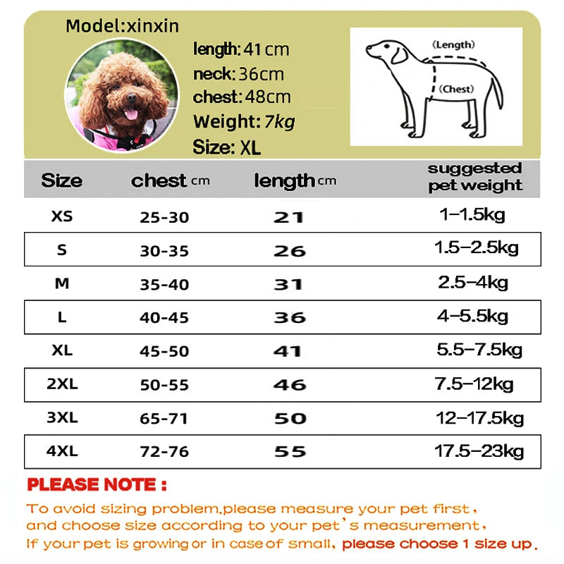 Dog sizing chart showing size options from XS to 4XL, with measurements for chest, body length, and suggested pet weight in kilograms. An illustration of a dog highlights where to measure chest and body length. Example dog model 'xinxin' has a length of 41 cm, neck of 36 cm, chest of 48 cm, weighs 7 kg, and fits size XL