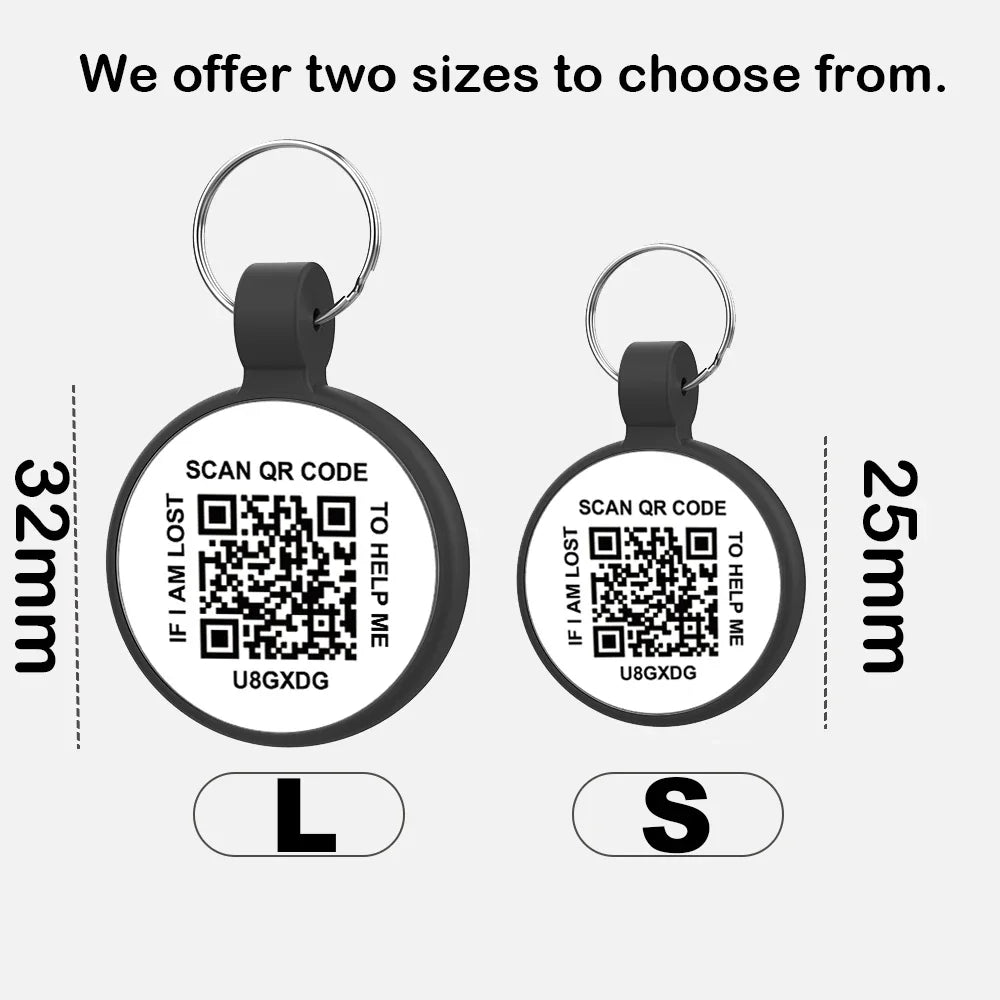 image of two smart pet tags with two sizes large 32mm and small 25mm text reads:"we offer two sizes to choose from L and S" 