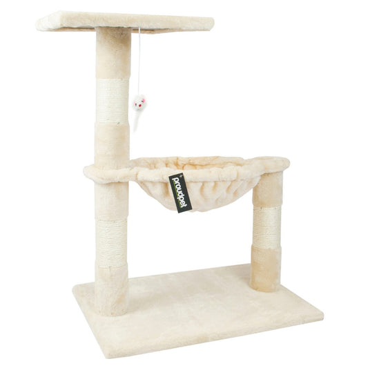 front view of cat scratching tower with hammock 