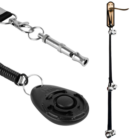 image showing three aspects of dog training set, clicker, whistle and bell