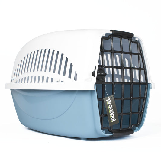 blue and white hard case pet carrier