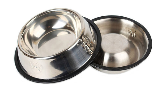 two stainless steel food and water bowls