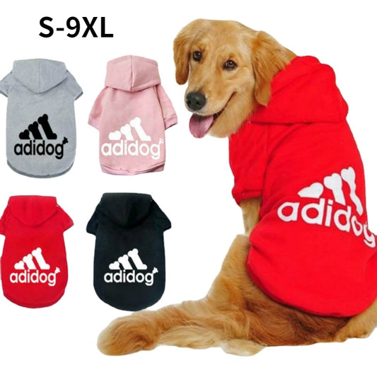 labrador dog wearing red adidog jumper and 4 colour variations (grey pink red black)